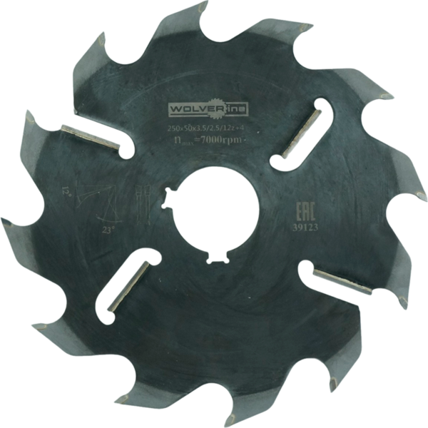 Пильный диск для многопильных станков 250х50х3.5/2.5/12z+4 (2 шп. 10,0х5,0 под 90 град.) для станка УПТ-250М WOLVERINE