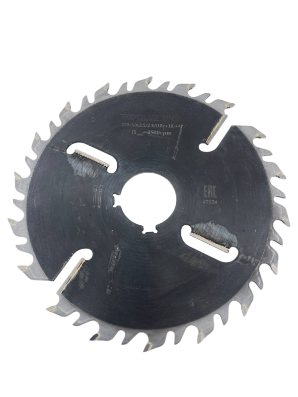 Дисковая пила 250х50х3.5/2.5/(18z+18)+4 (2 шт. 10,0х5,0 под 90 град.) WOODCRAFT для станка УПТ-250C Краос